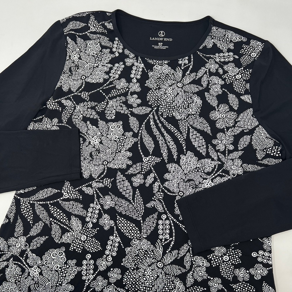 Lands End Womens Black Long Sleeve Rash Guard UPF Swim Modest Shirt M‎ Petite